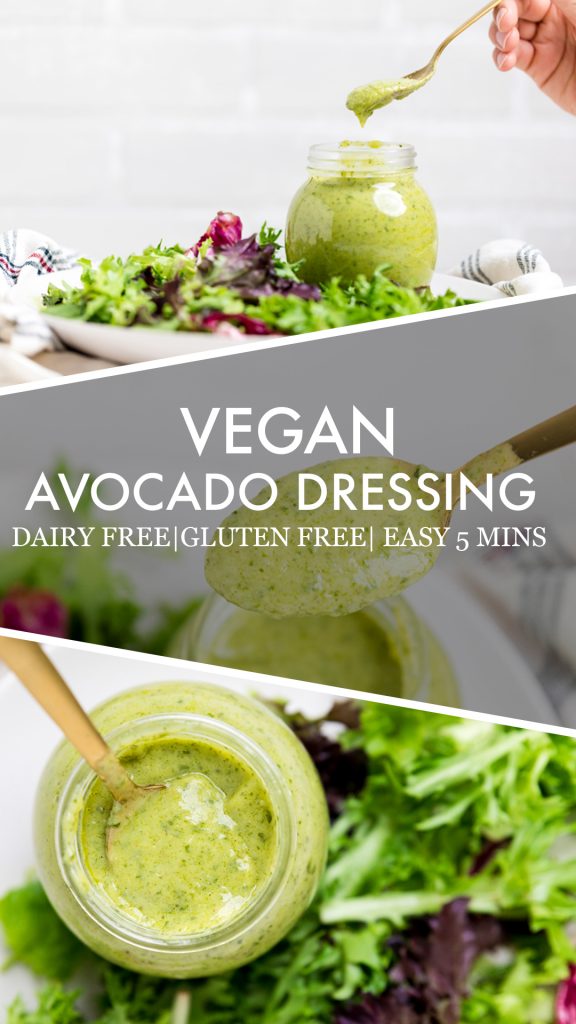 collage of a vegan avocado dressing.