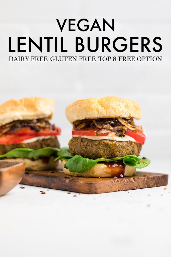 the words vegan lentil burgers overlayed across burgers.