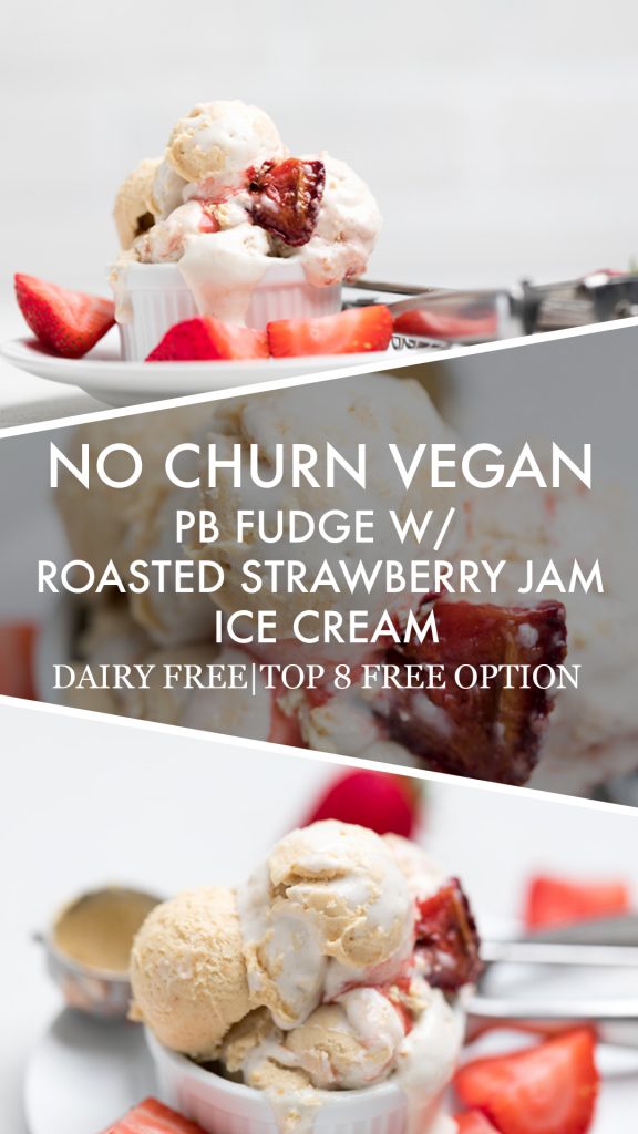 a collage of no churn vegan pb fudge with roasted strawberry jam ice cream.