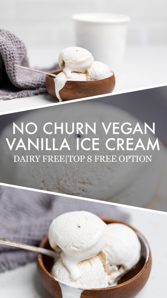 a collage of no churn vegan vanilla ice cream.