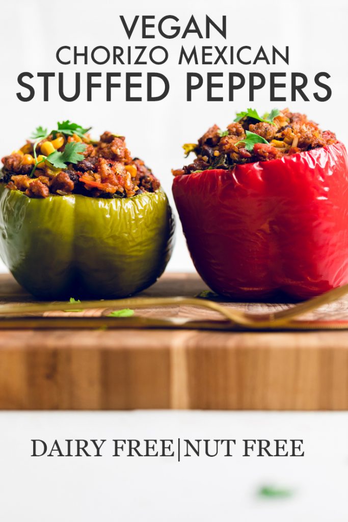 the words vegan chorizo mexican stuffed peppers overlayed onto two stuffed peppers.