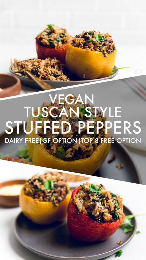 a collage of vegan tuscan style stuffed peppers.