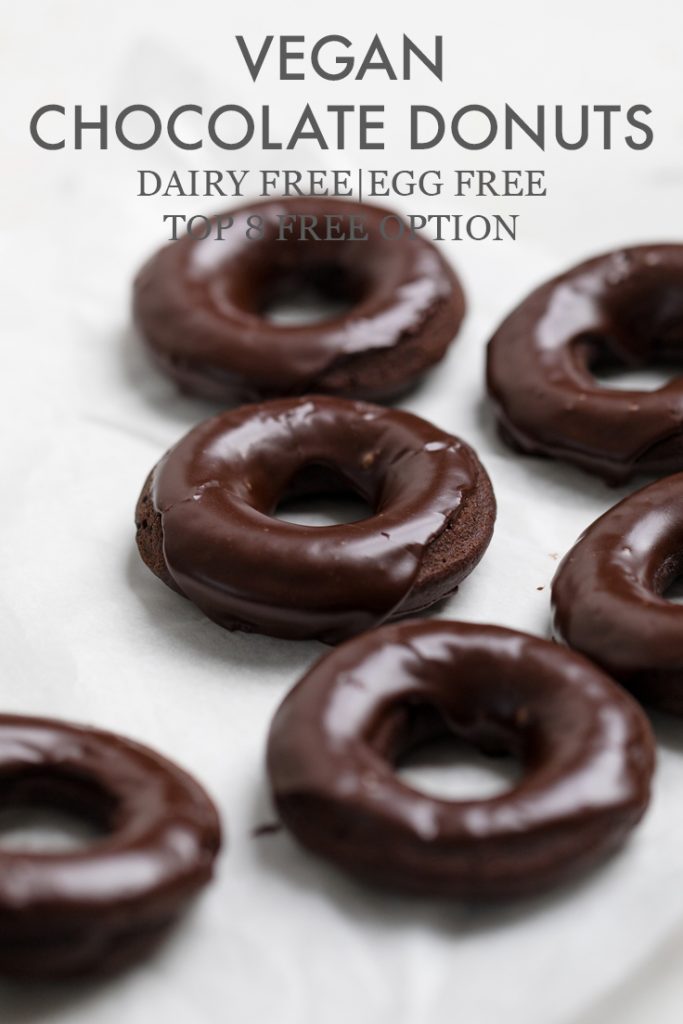 The words vegan chocolate donuts overlayed onto a batch of them.