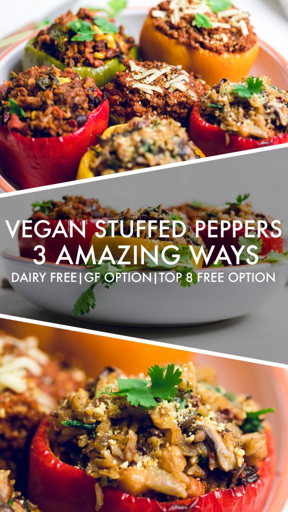 a collage of vegan stuffed peppers.