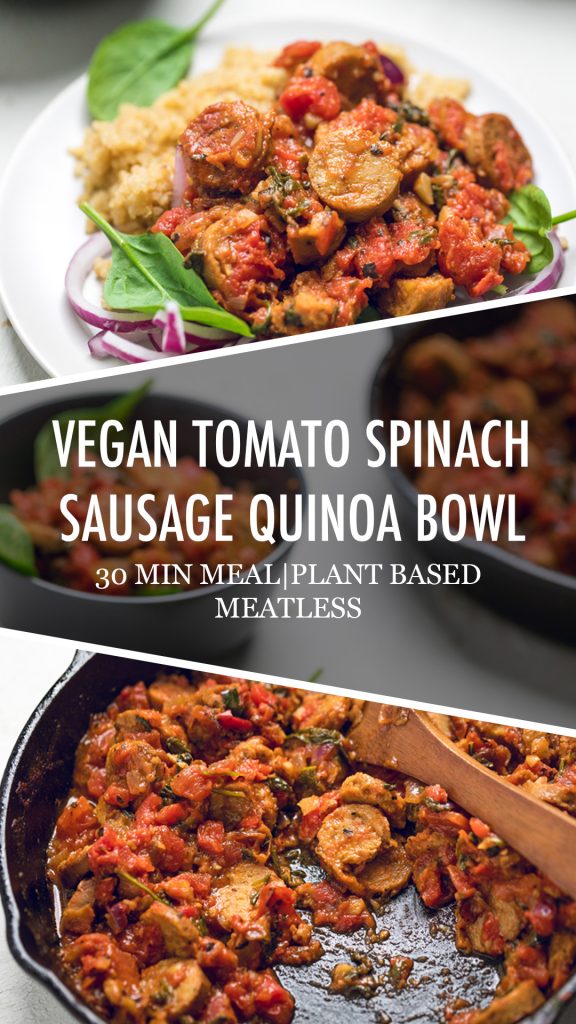 Collage of vegan tomato spinach sausage quinoa bowls.