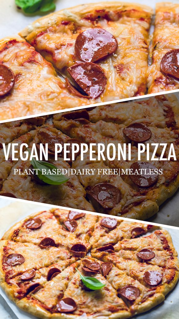A collage of vegan pepperoni pizza.