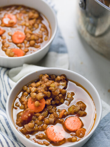 vegan lentil soup in a bowl.