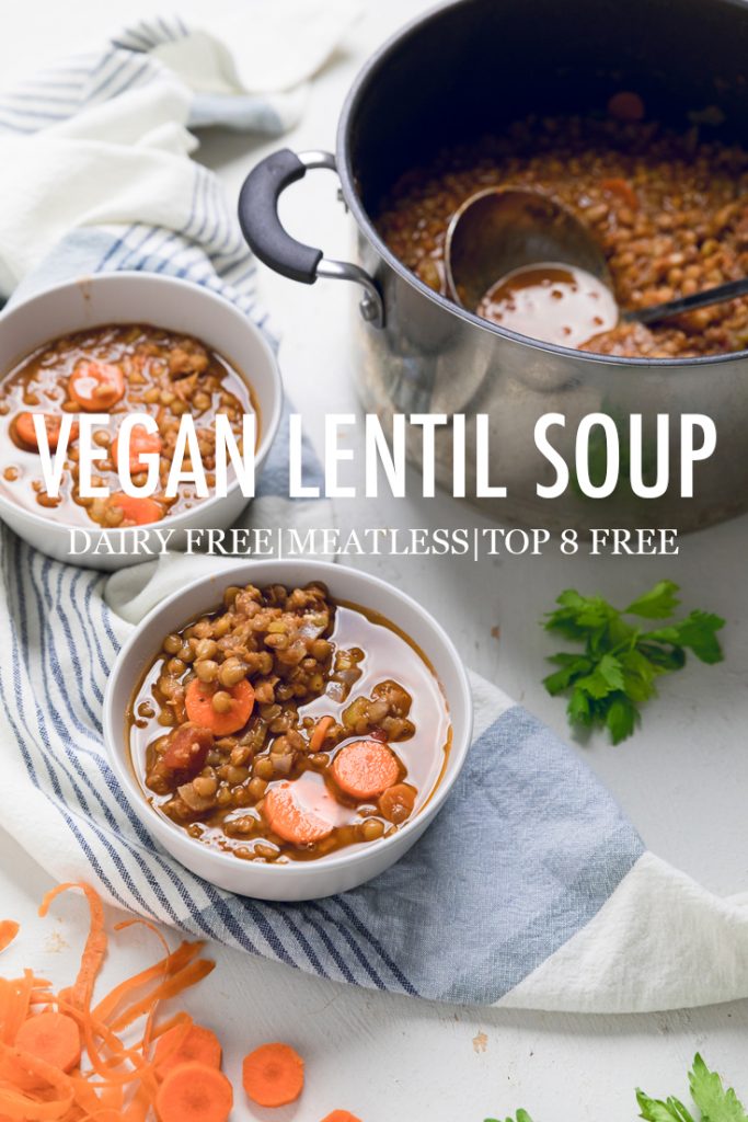 the words vegan lentil soup overlayed across two bowls of soup.