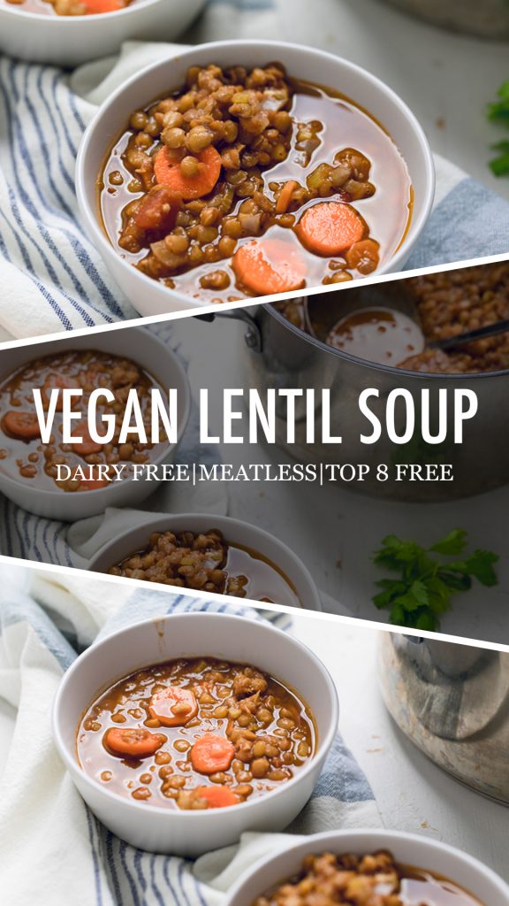 a collage of vegan lentil soup.