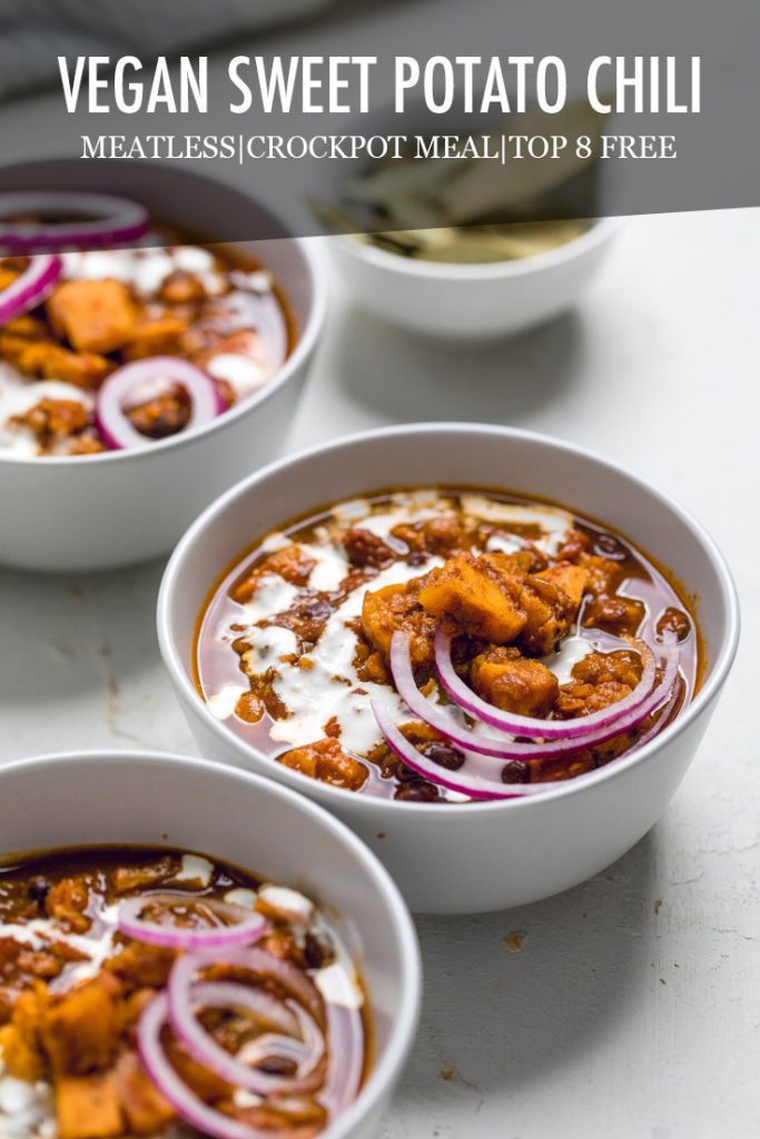 the words vegan sweet potato chili overlayed onto bowls of chili.