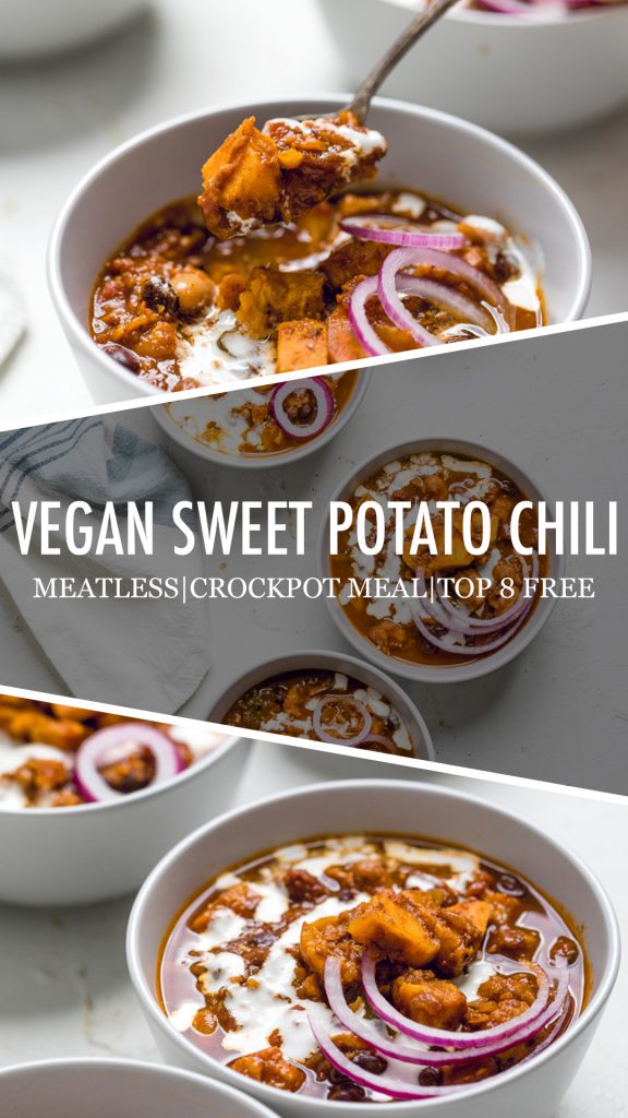 a collage of vegan sweet potato chili.