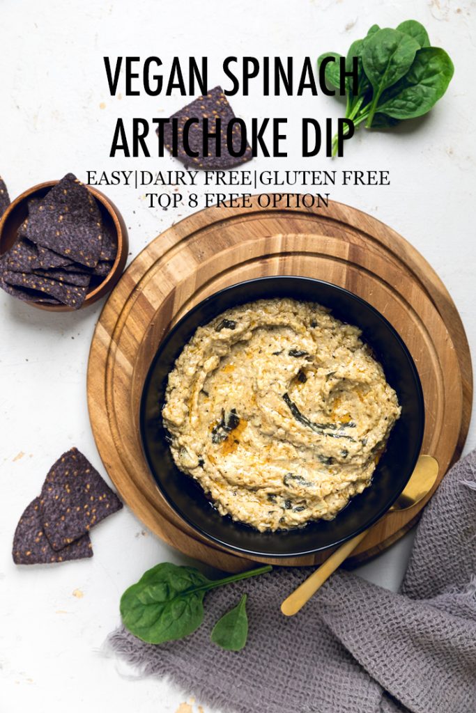 The words Vegan spinach artichoke dip overlayed onto a bowl of dip.