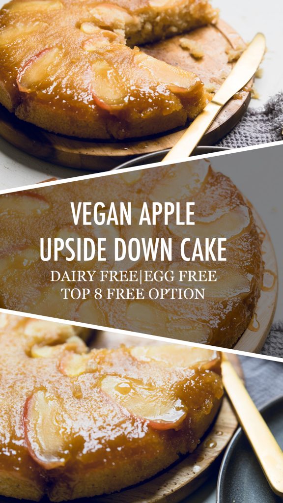 Collage of vegan apple upside down cake.
