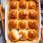 vegan dinner rolls in a casserole dish on a table.