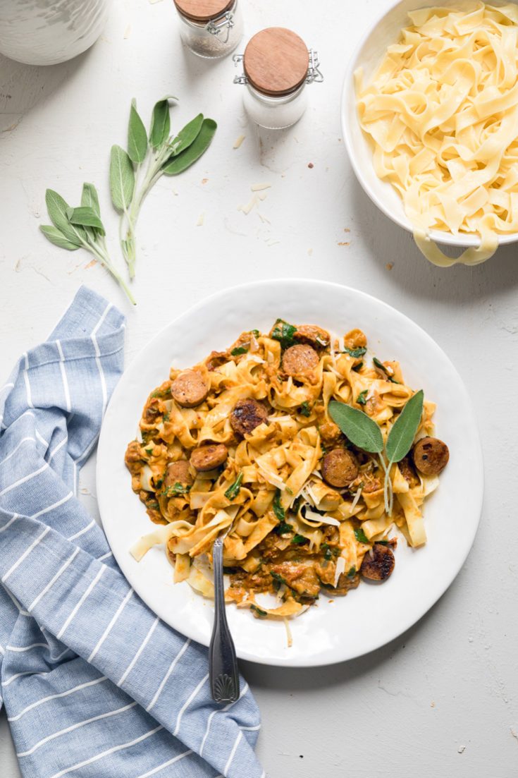 Vegan Pumpkin Pasta with Spinach and Sundried Tomatoes - Make It Dairy Free