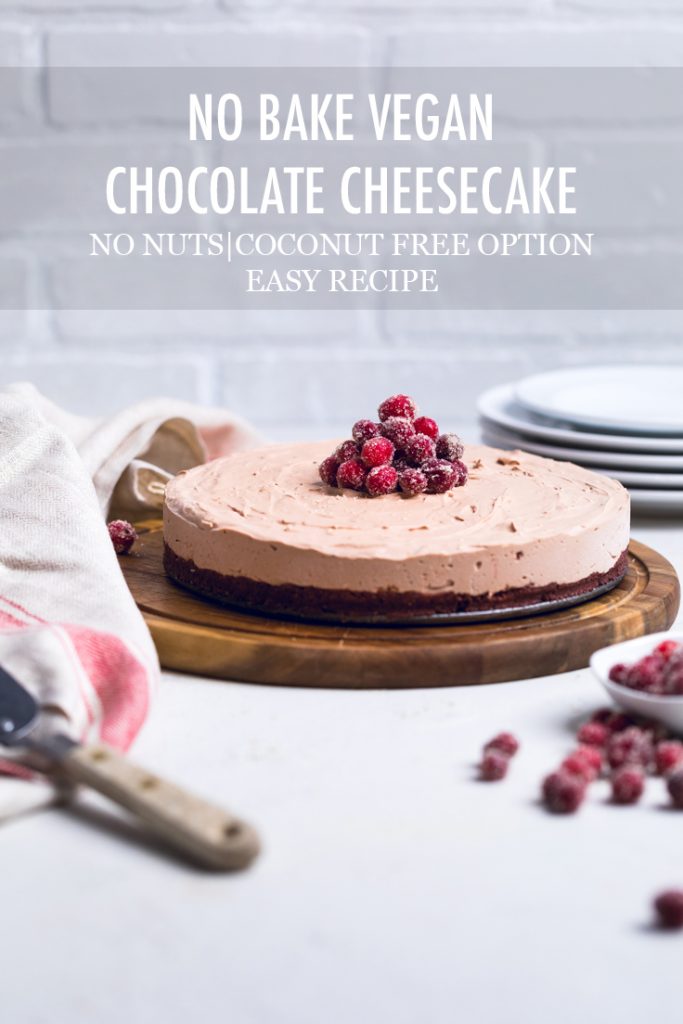 the words no bake vegan chocolate cheesecake overlayed onto a cheesecake.