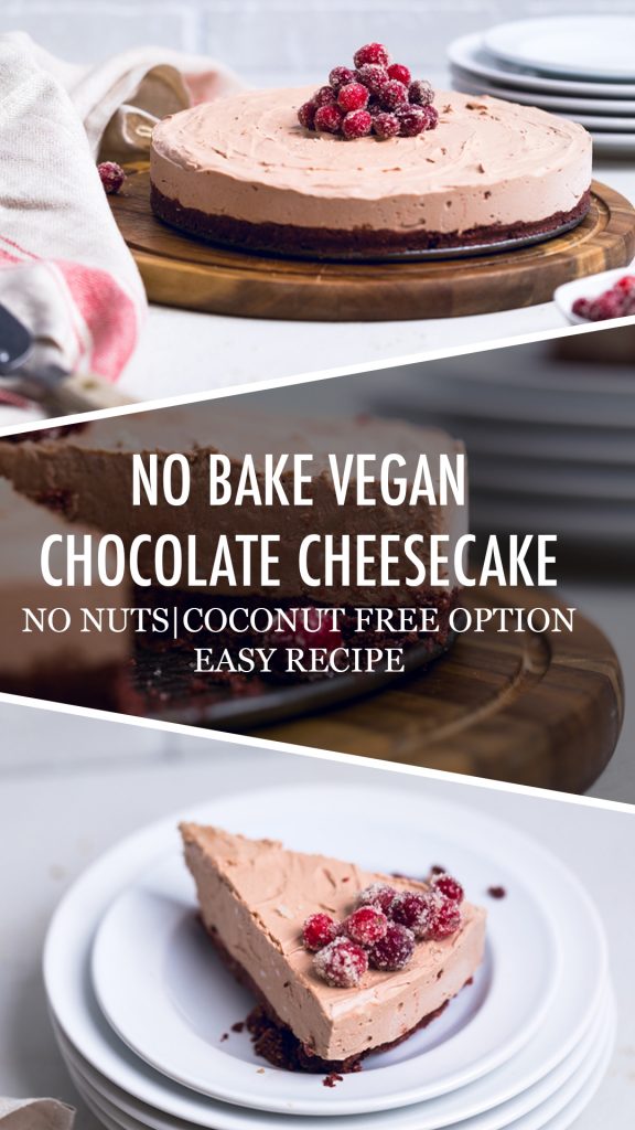 collage of no bake vegan chocolate cheesecake.