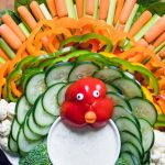 a thanksgiving veggie tray shaped into a turkey.