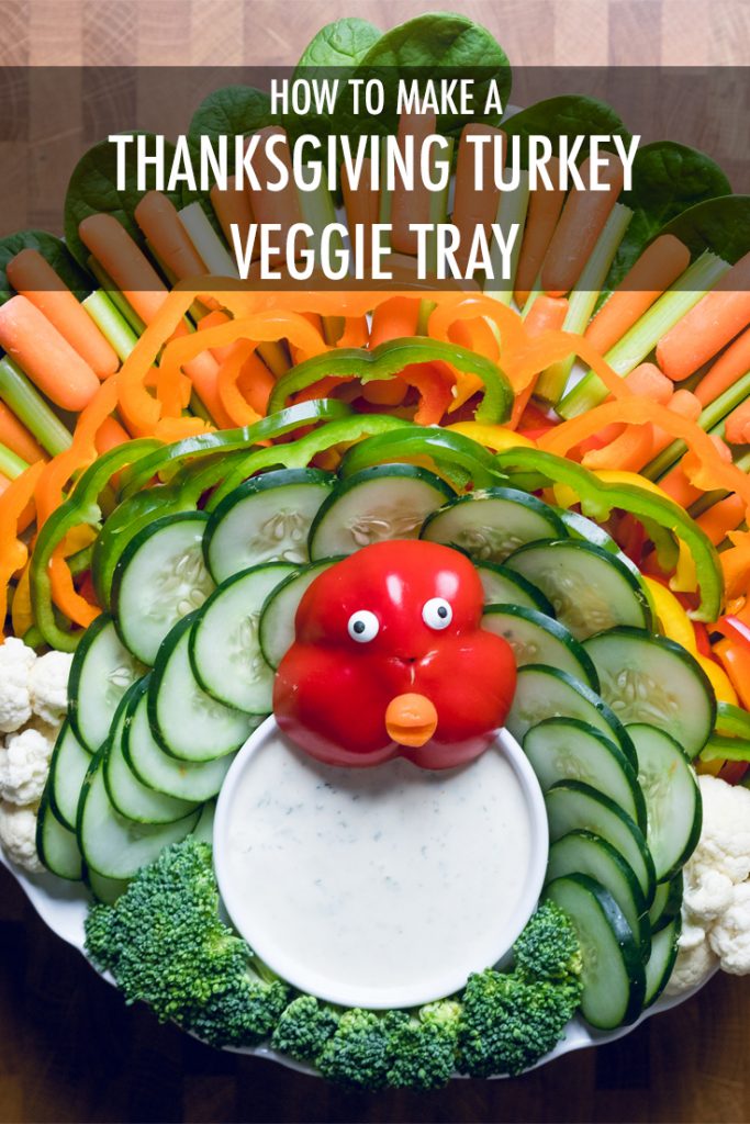the words how to make a thanksgiving turkey veggie tray overlayed on a display of one.
