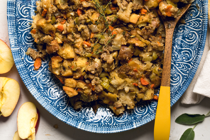 Cooked vegan apple and sausage stuffing.
