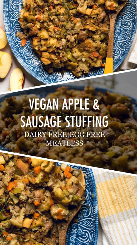 A collage of vegan apple and sausage stuffing.