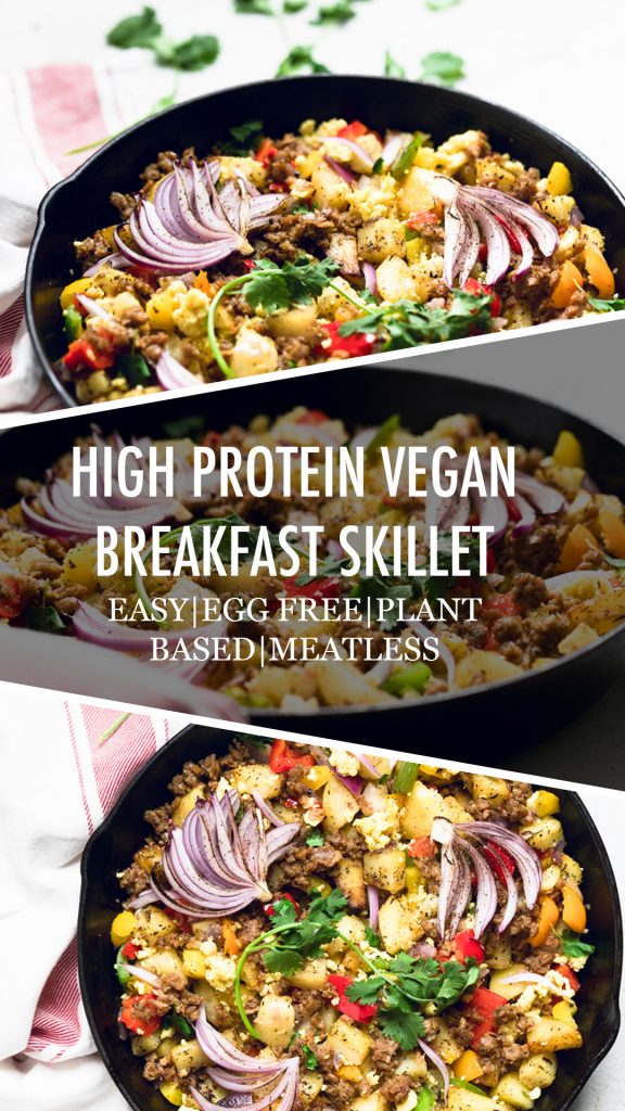 Collage of High protein vegan skillet breakfast.