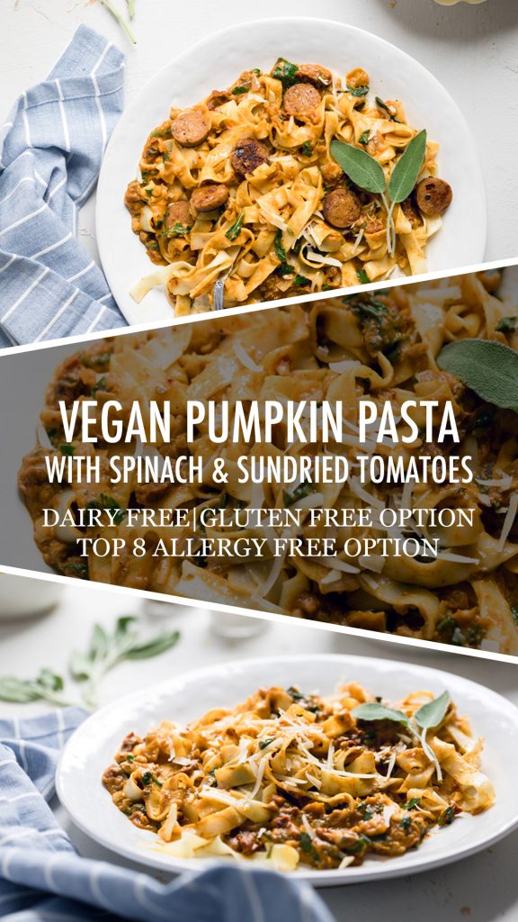 A collage of vegan pumpkin pasta with spinach and sundried tomatoes.