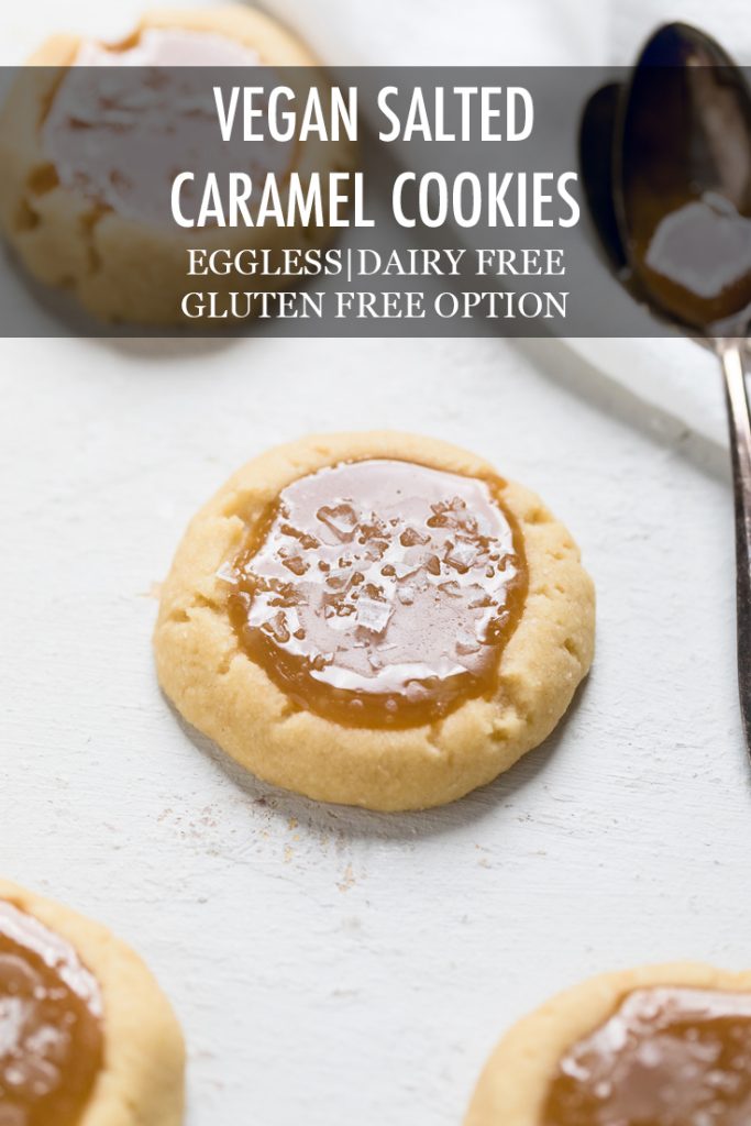 the words vegan salted caramel cookies overlayed onto a cookie.