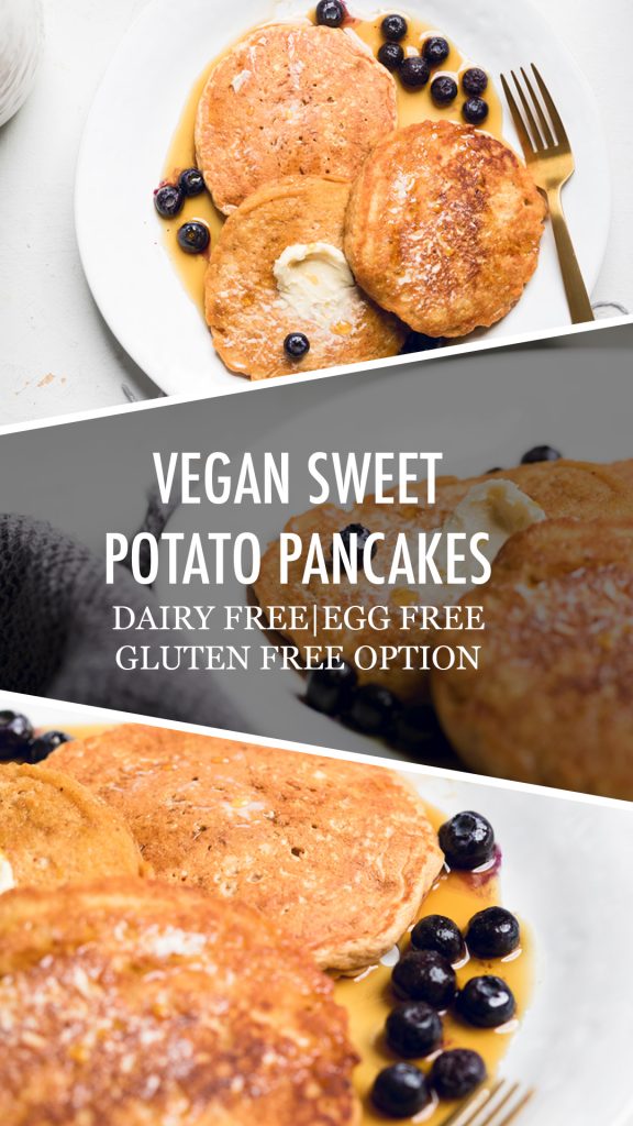 collage of vegan sweet potato pancakes.