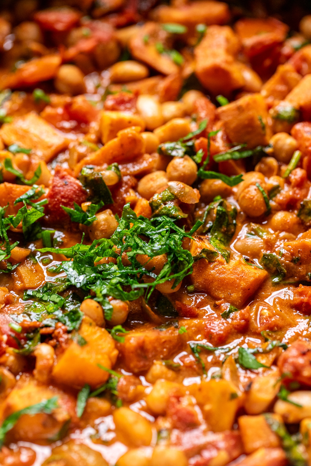 close up of vegan sweet potato stew topped with fresh herbs.