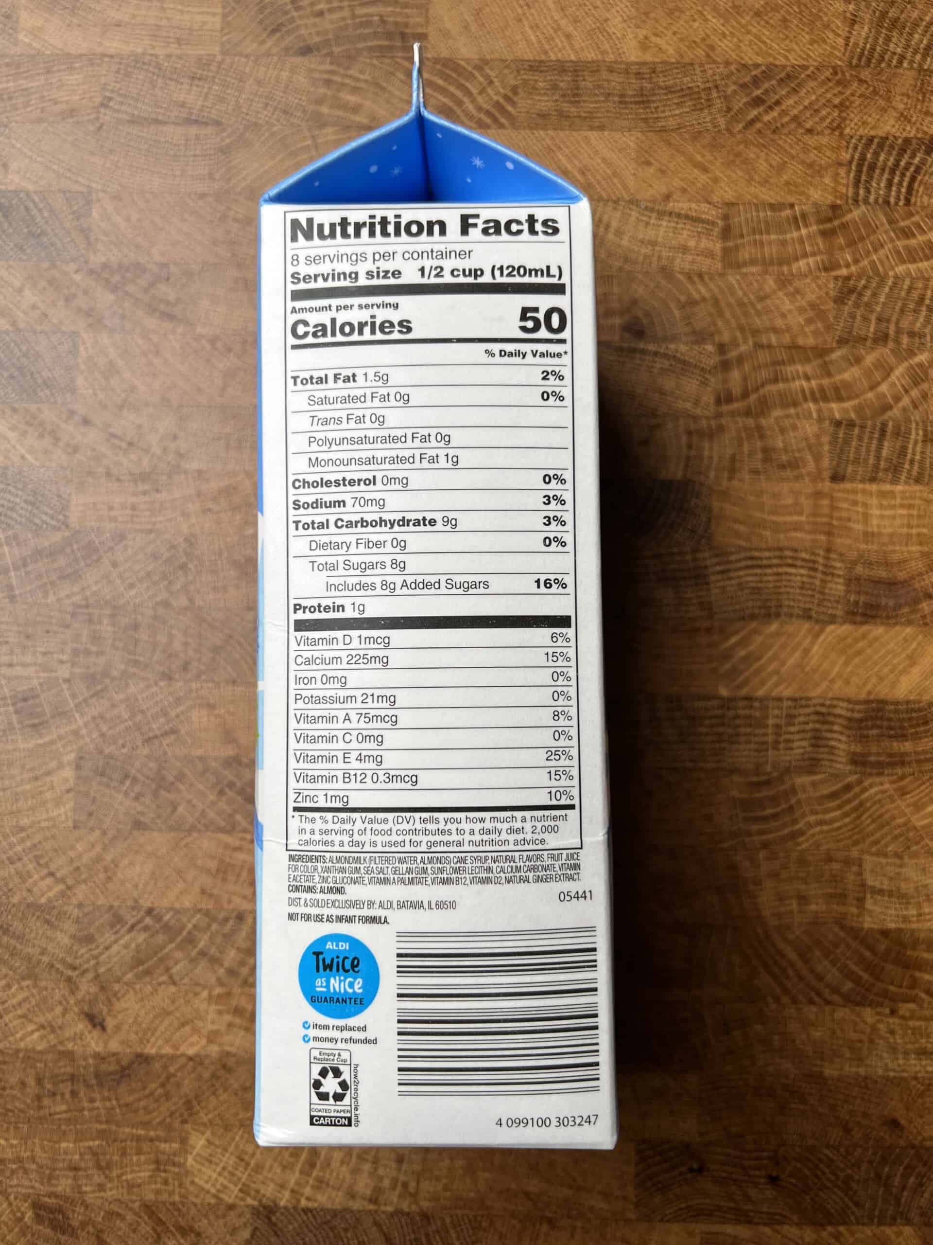 Aldi Friendly Farms Almond Nog carton nutritional label. 