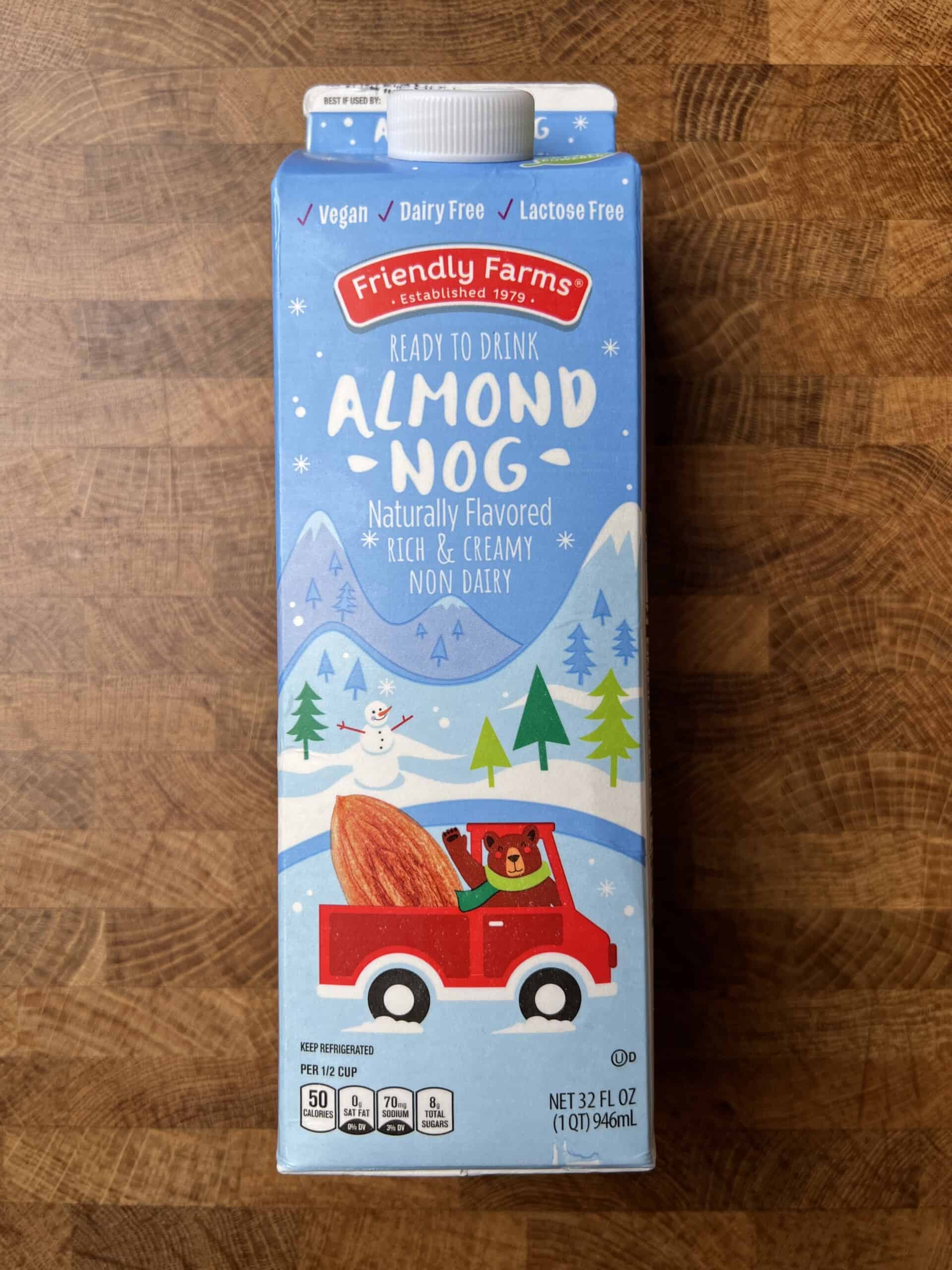 Aldi Friendly Farms Almond Nog carton. 
