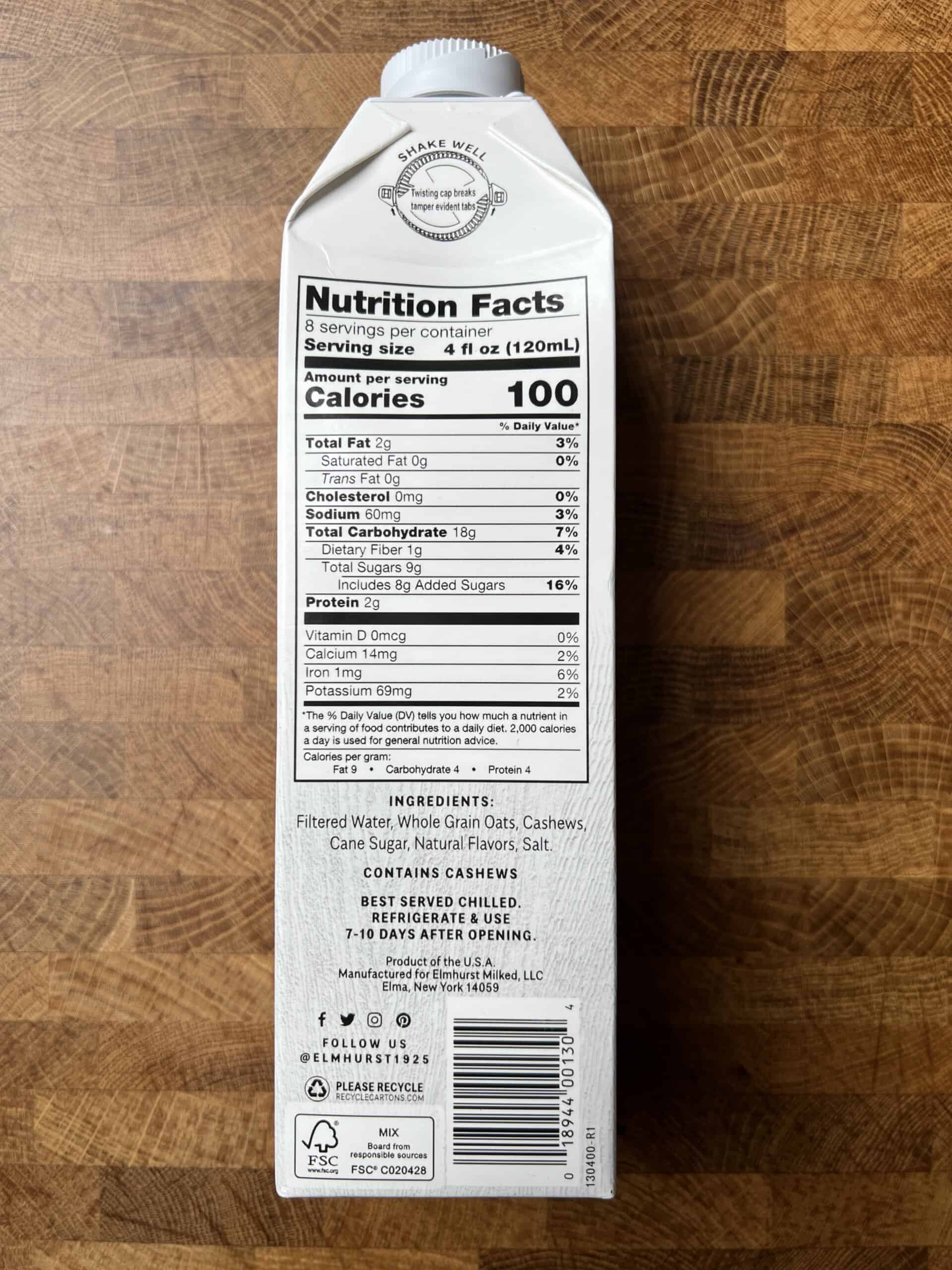Elmhurst Oat Nog carton nutritional label. 