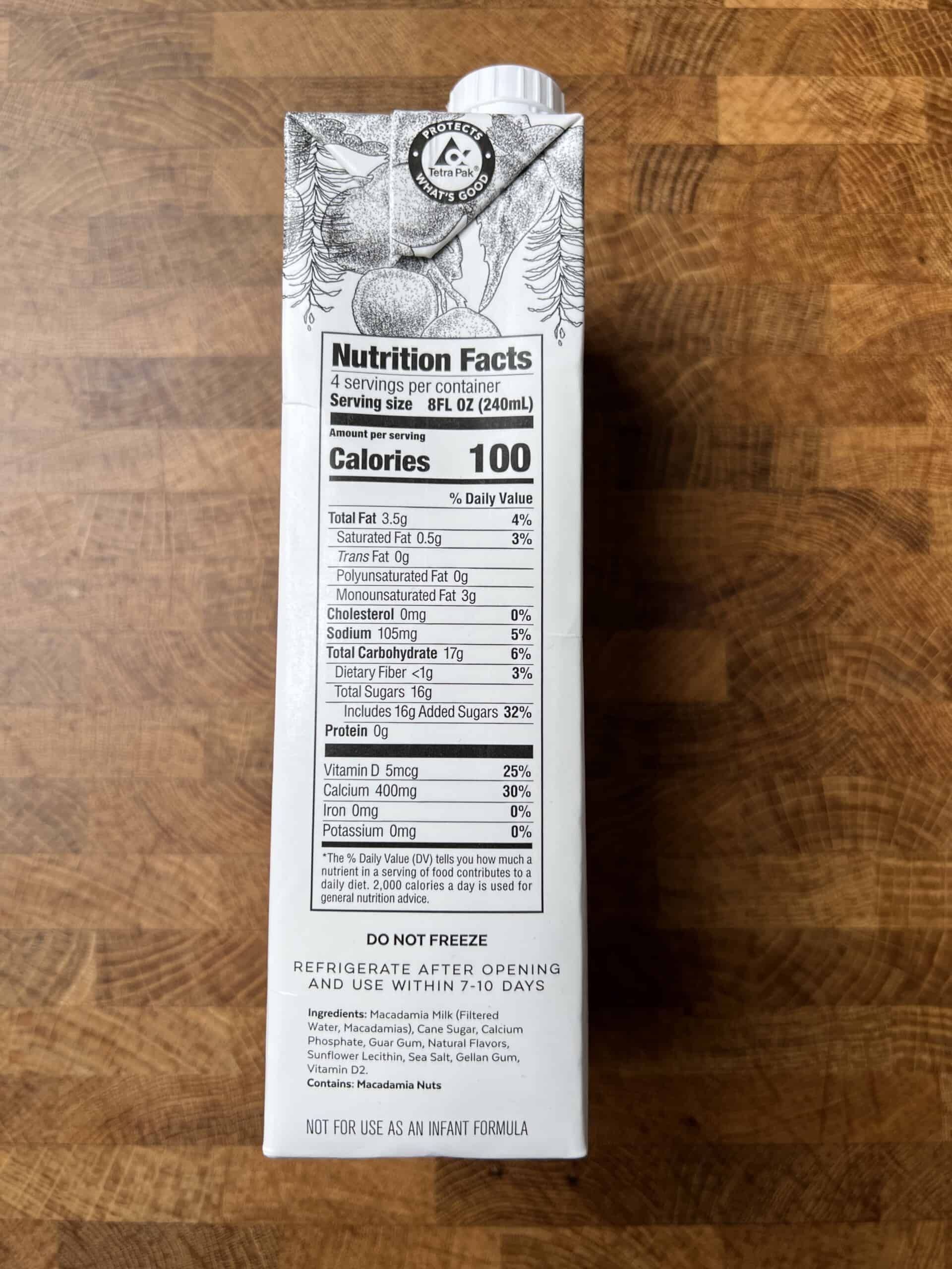 Milkadamia VeggNog carton nutritional label. 