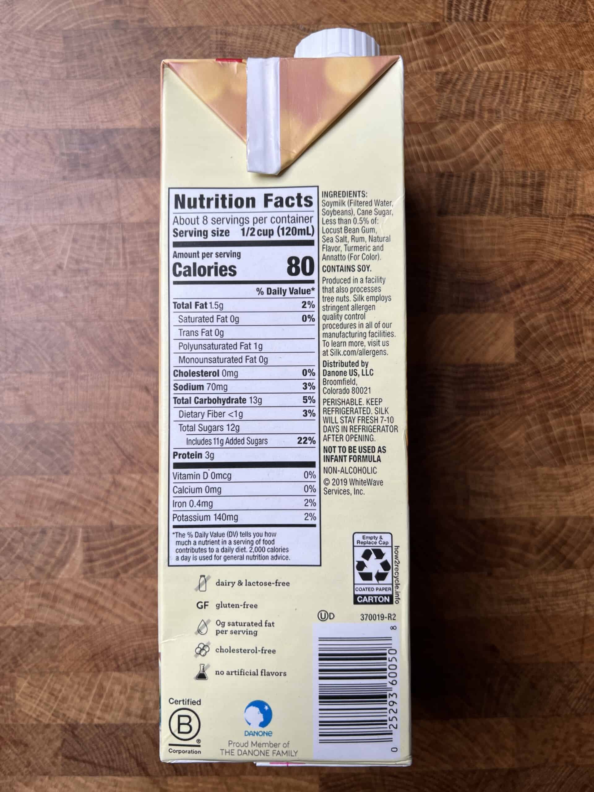 Silk nog carton nutritional label. 