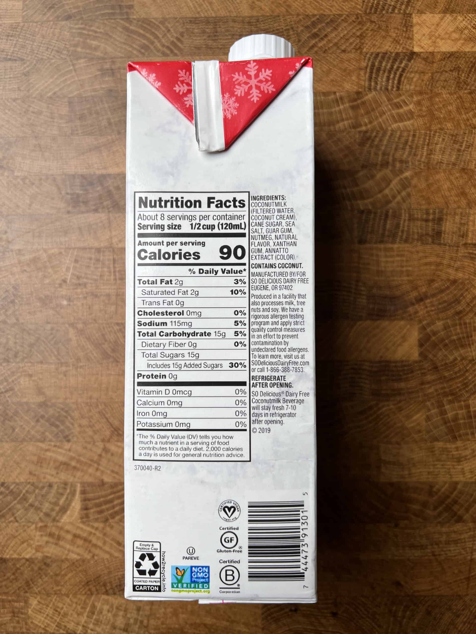 So Delicious Coconutmilk Holiday Nog carton nutritional label. 
