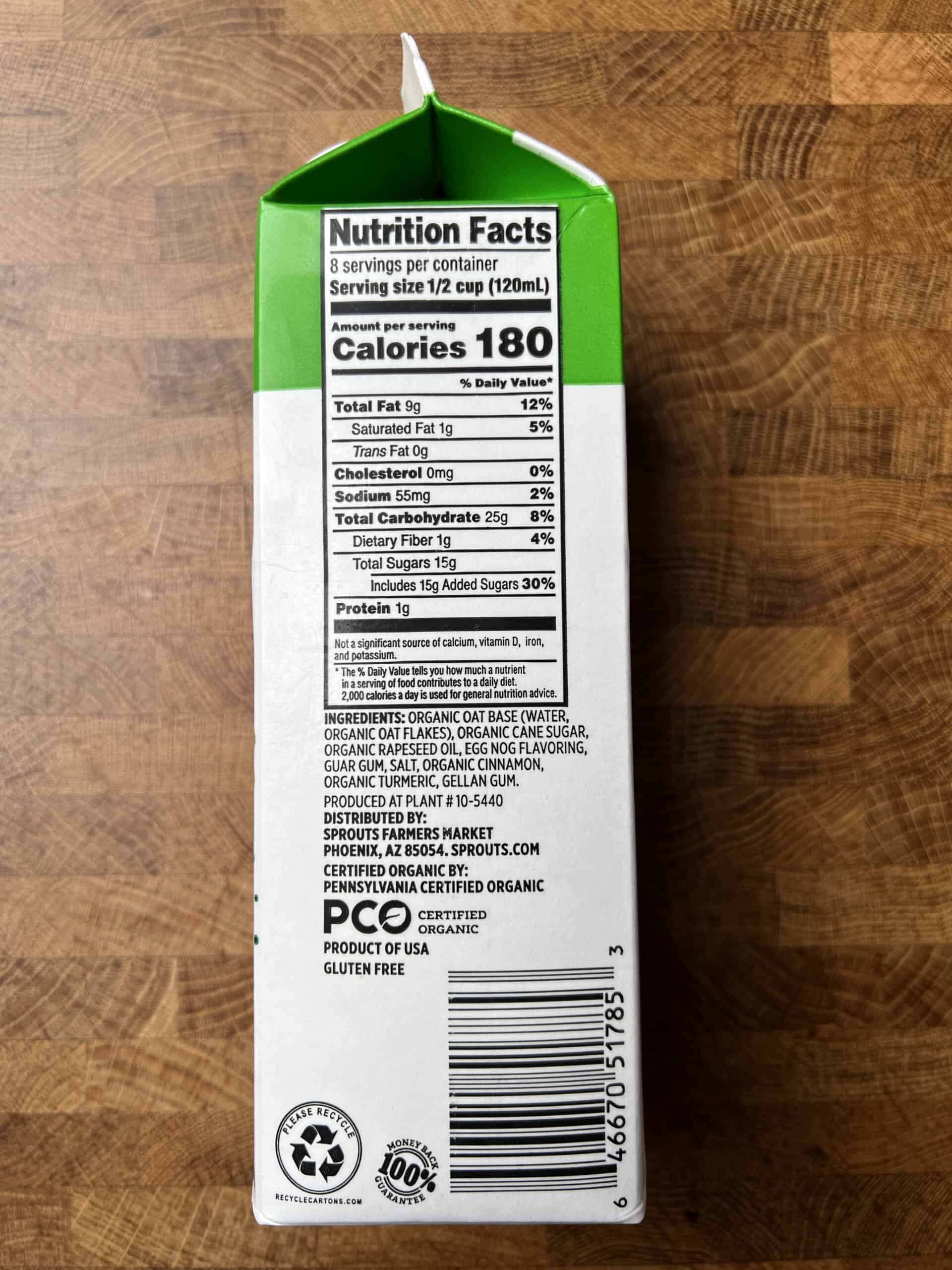 Sprouts Organic Oatmilk Nog carton nutritional label. 