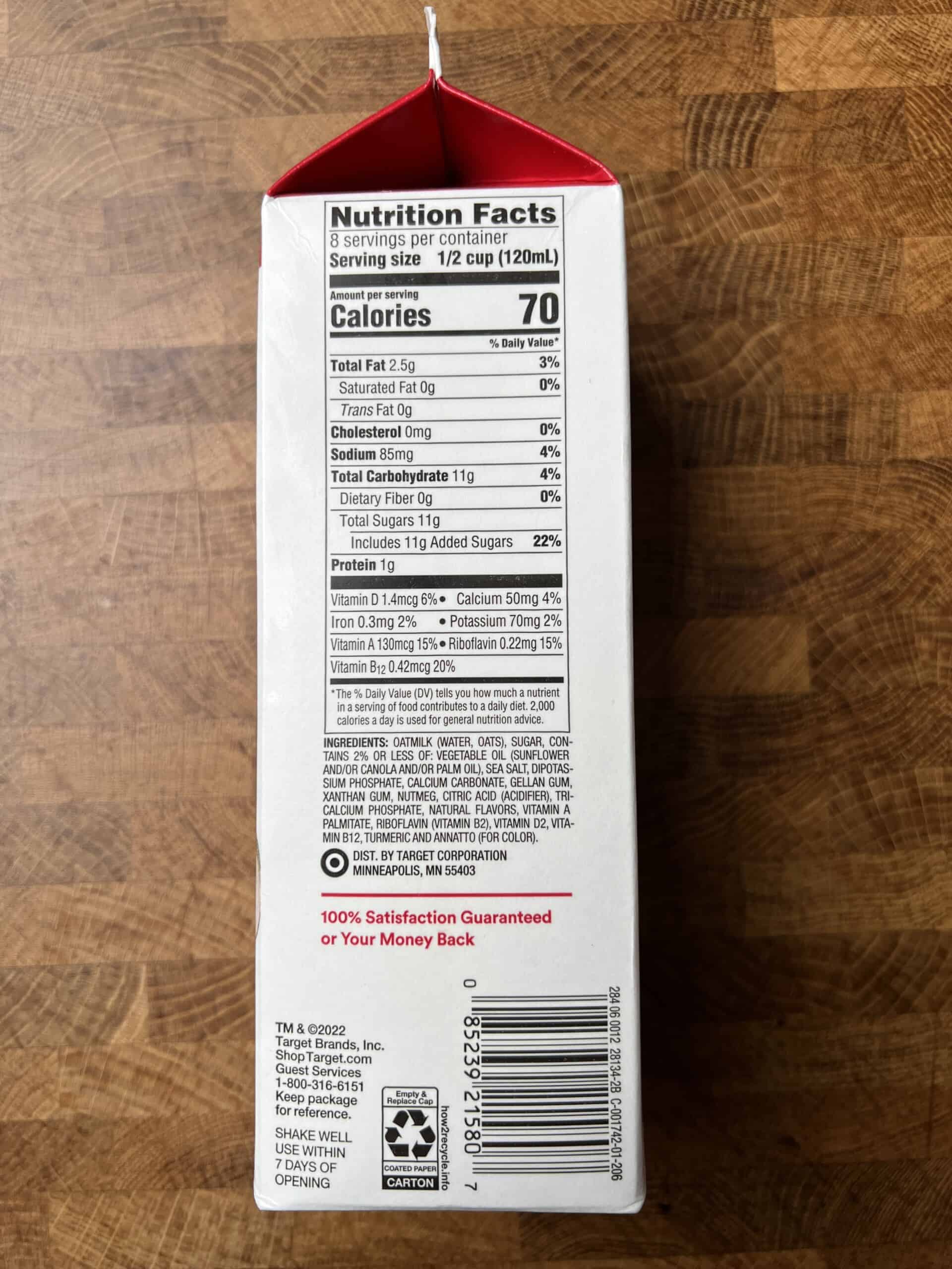 Good and Gather Oatmilk Nog carton nutritional label. 