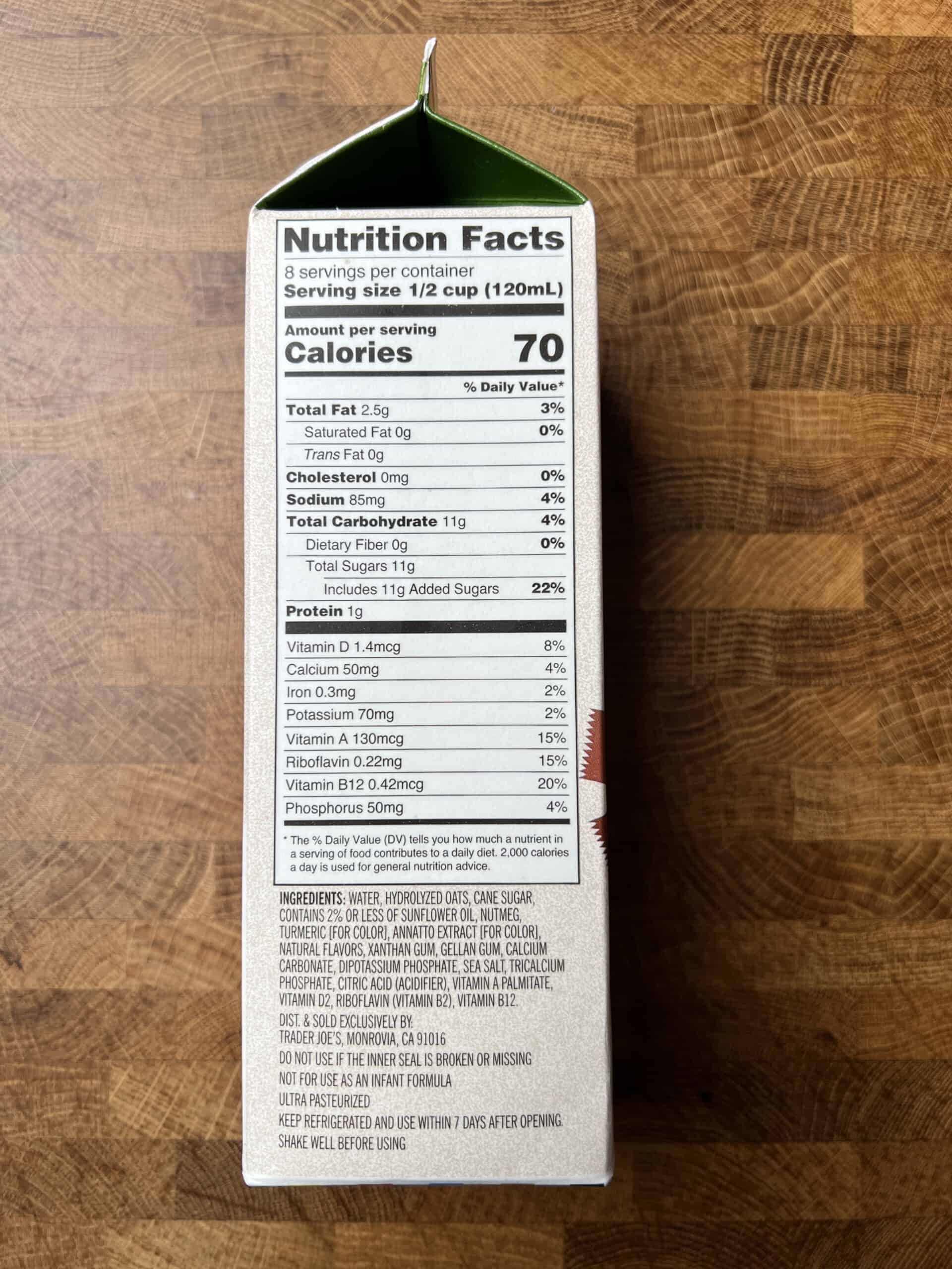 Trader Joe's O'Nog Oatmilk Nog carton nutritional label. 