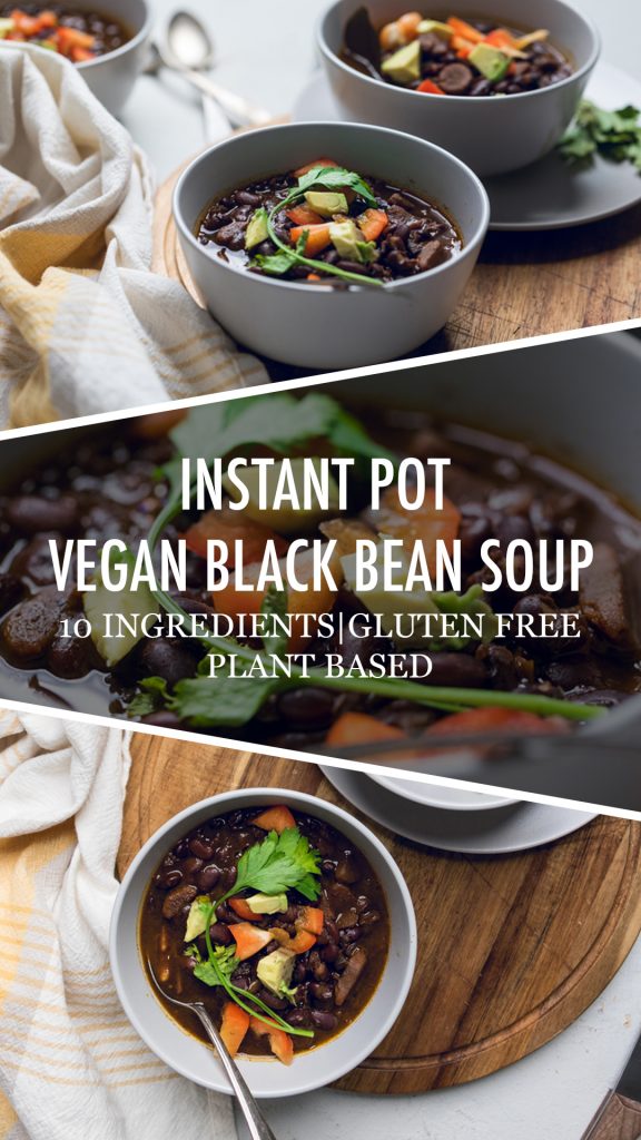 Collage of vegan black bean soup made in an instant pot.