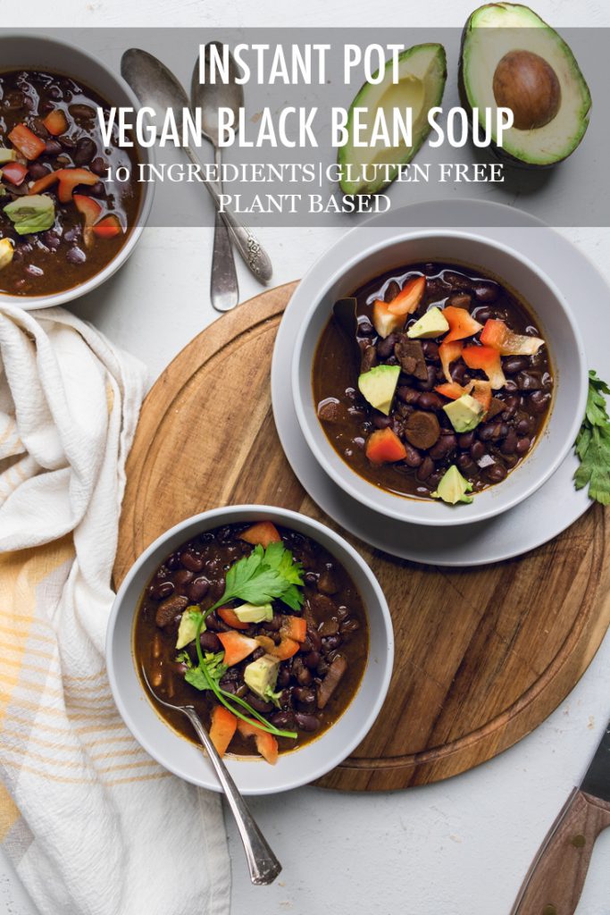 The words Instant Pot Vegan Black Bean Soup overlayed across two bowls of soup.