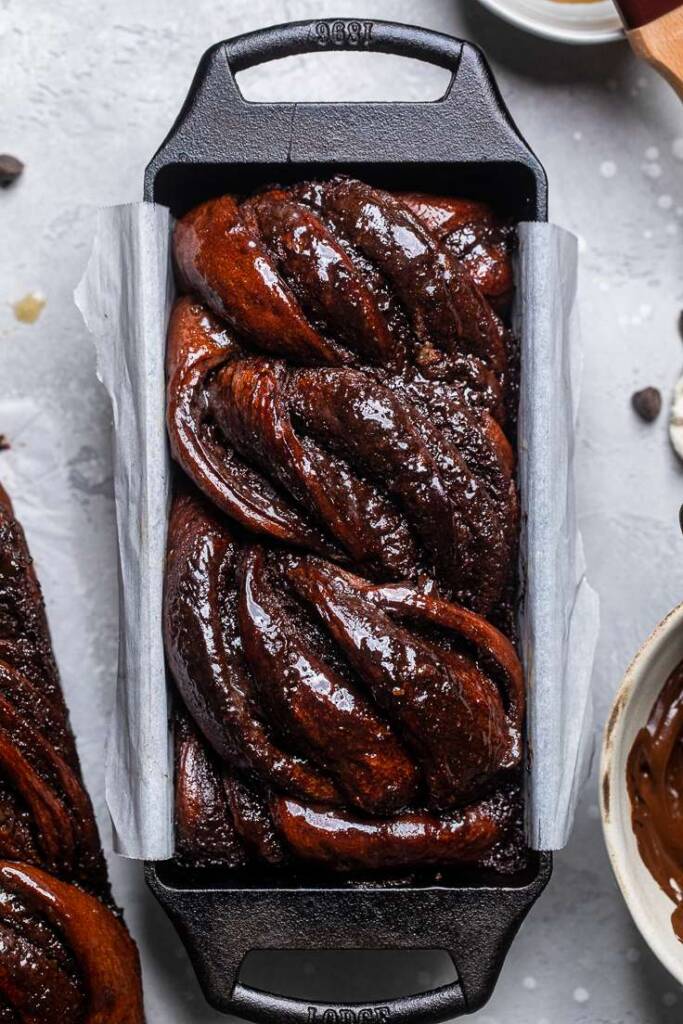 Cooked Double Chocolate Vegan Babka brushed with simple syrup. 