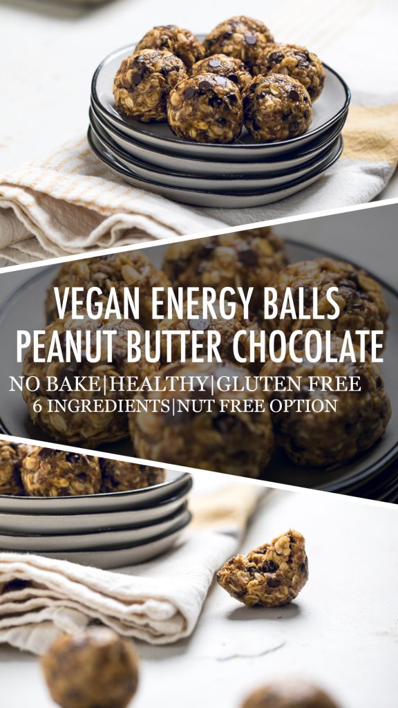 Collage of Vegan energy balls peanut butter chocolate.