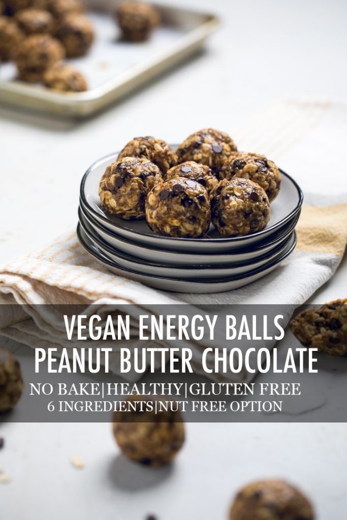 The words vegan energy balls peanut butter chocolate overlayed across a plate of them.