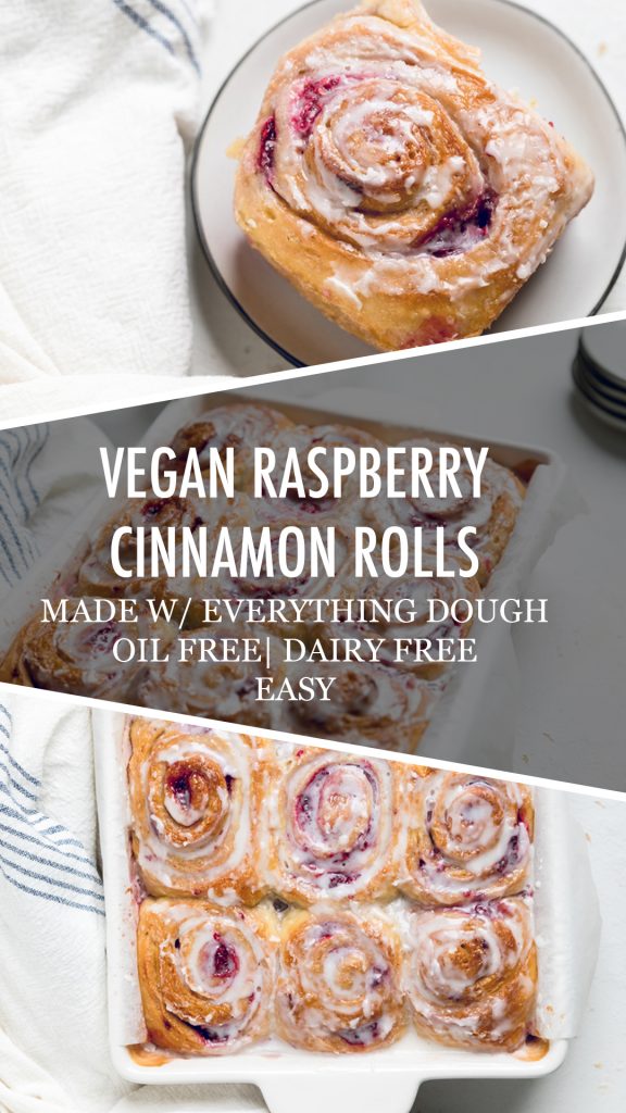 A collage of vegan raspberry cinnamon rolls.