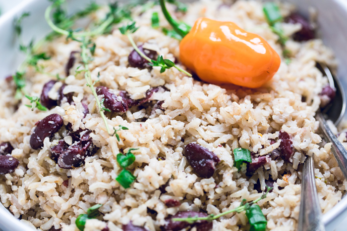 Jamaican rice and peas topped with green onions and fresh thyme.