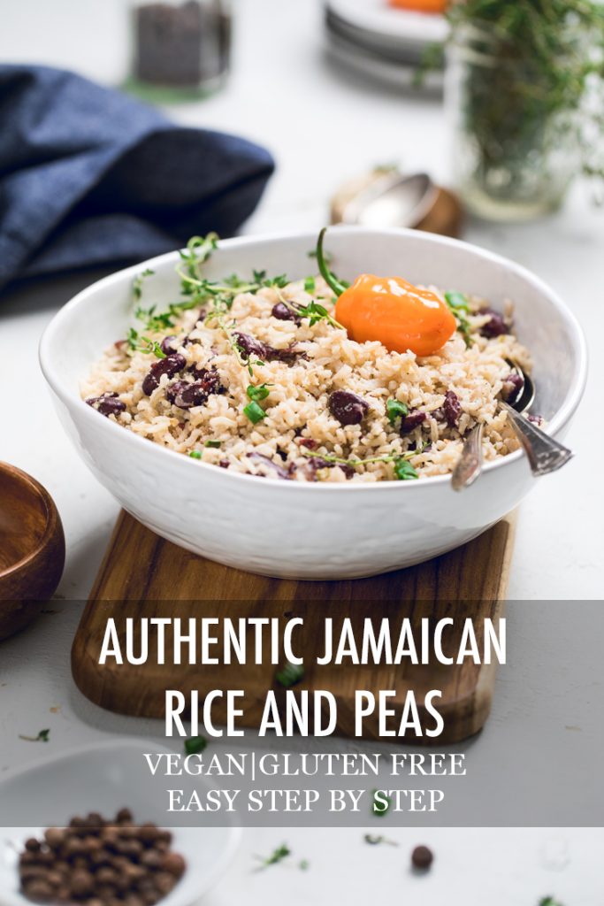 The words authentic Jamaican rice and peas overlayed across a bowl of food.