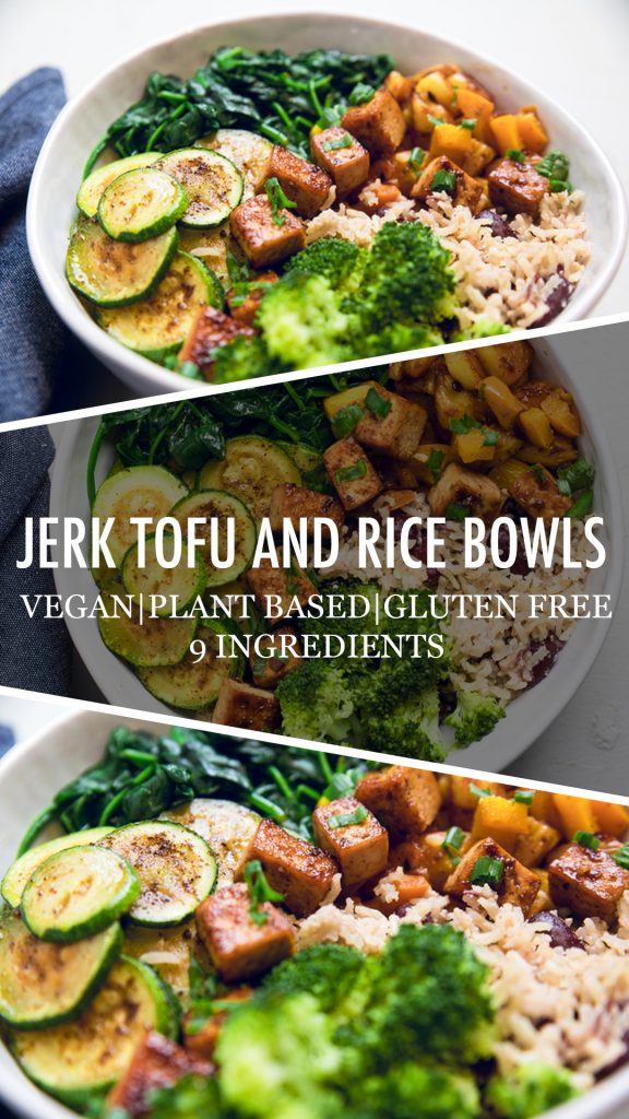 Collage of Jamaican jerk tofu and rice bowls.