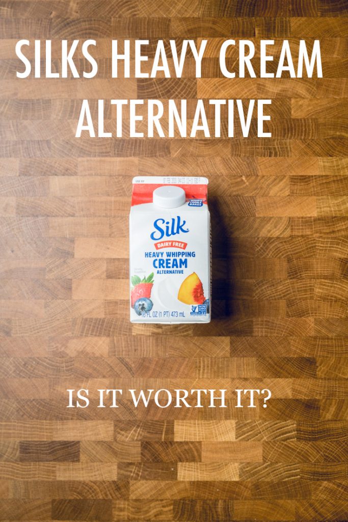 The words \"Silk Heavy Cream Alternative\" is it worth it? overlayed onto a table with a carton.