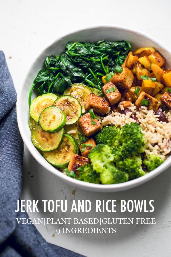 The words Jerk Tofu and Rice Bowls overlayed onto a bowl of food.